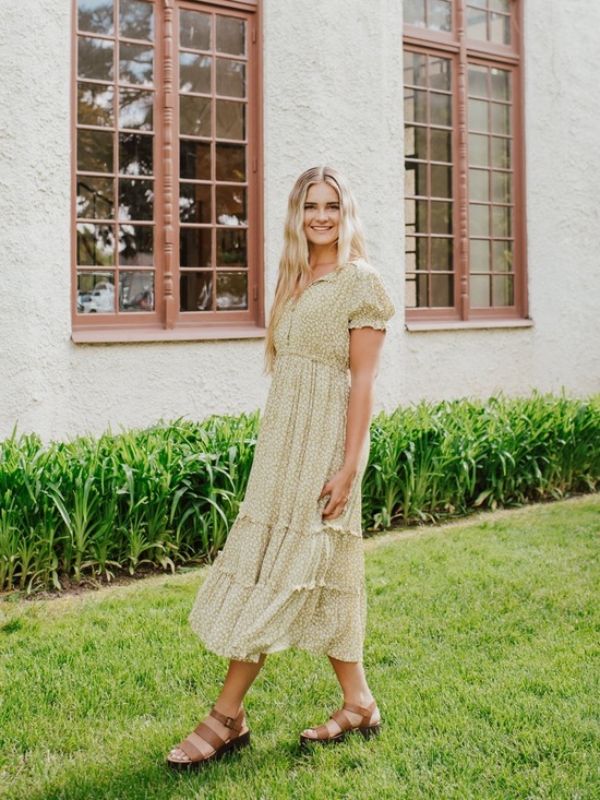 in loom Dresses & Skirts - Smocked Waist Sage Green Floral Tiered Midi Dress
